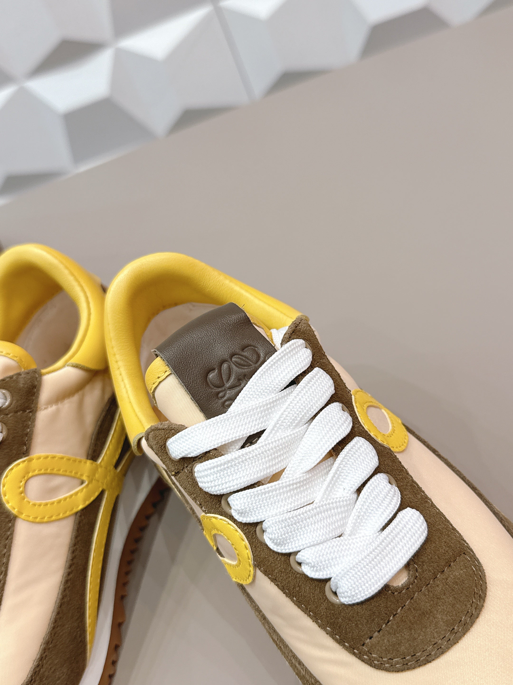 LOEWE 26S FLOW RUNNER SNEAKER IN DARK OLIVE BROWN SUEDE AND YELLOW CALFSKIN