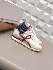 LOEWE 26S FLOW RUNNER SNEAKER IN LIGHT GRAY SUEDE AND NAVY BLUE AND RED CALFSKIN