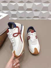 LOEWE 26S FLOW RUNNER SNEAKER IN LIGHT GRAY SUEDE AND NAVY BLUE AND RED CALFSKIN