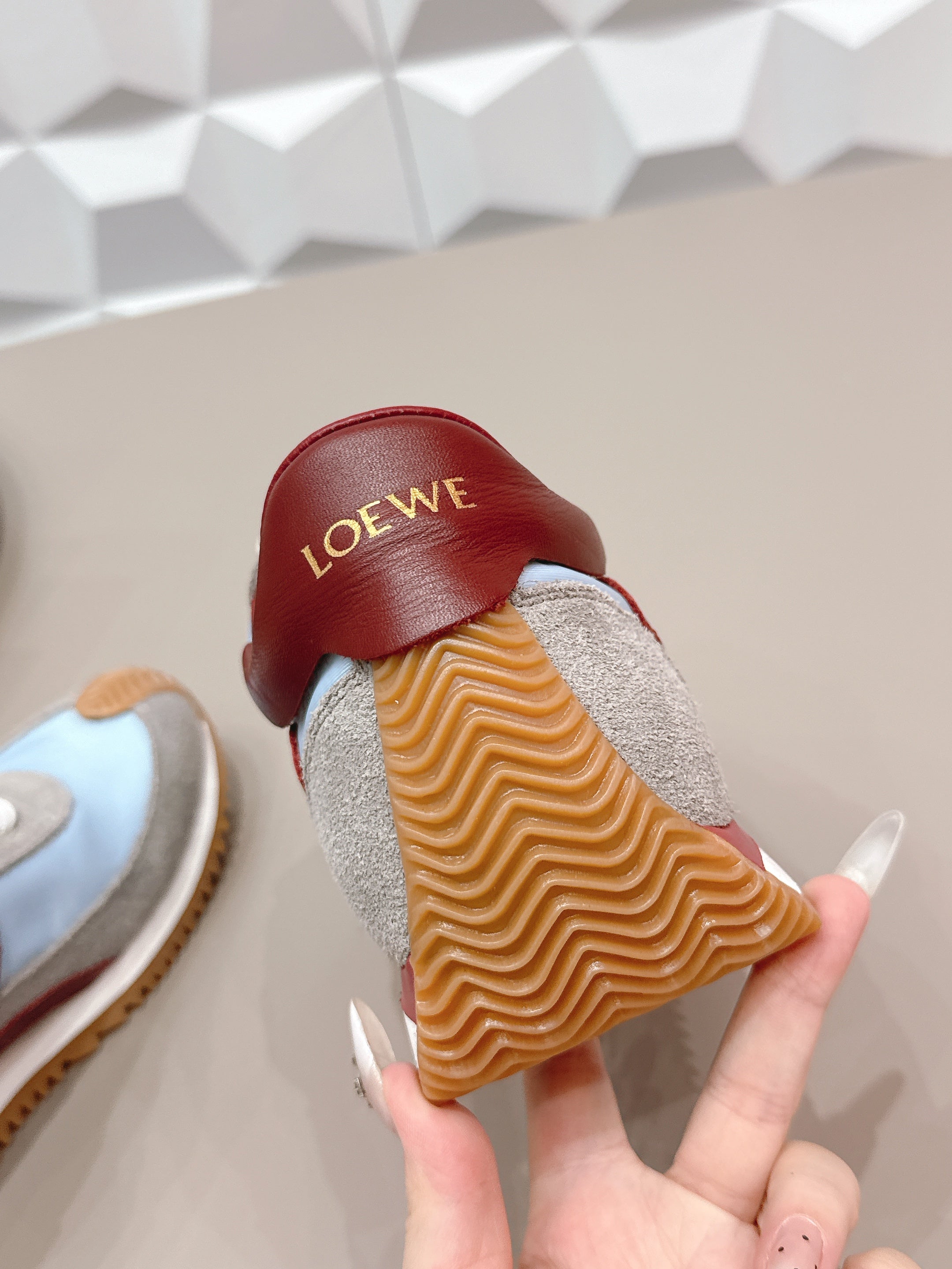 LOEWE 26S FLOW RUNNER SNEAKER IN GRAY AND BLUE SUEDE AND DARK RED CALFSKIN