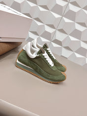 LOEWE 26S FLOW RUNNER SNEAKER IN DARK OLIVE GREEN SUEDE AND WHITE CALFSKIN