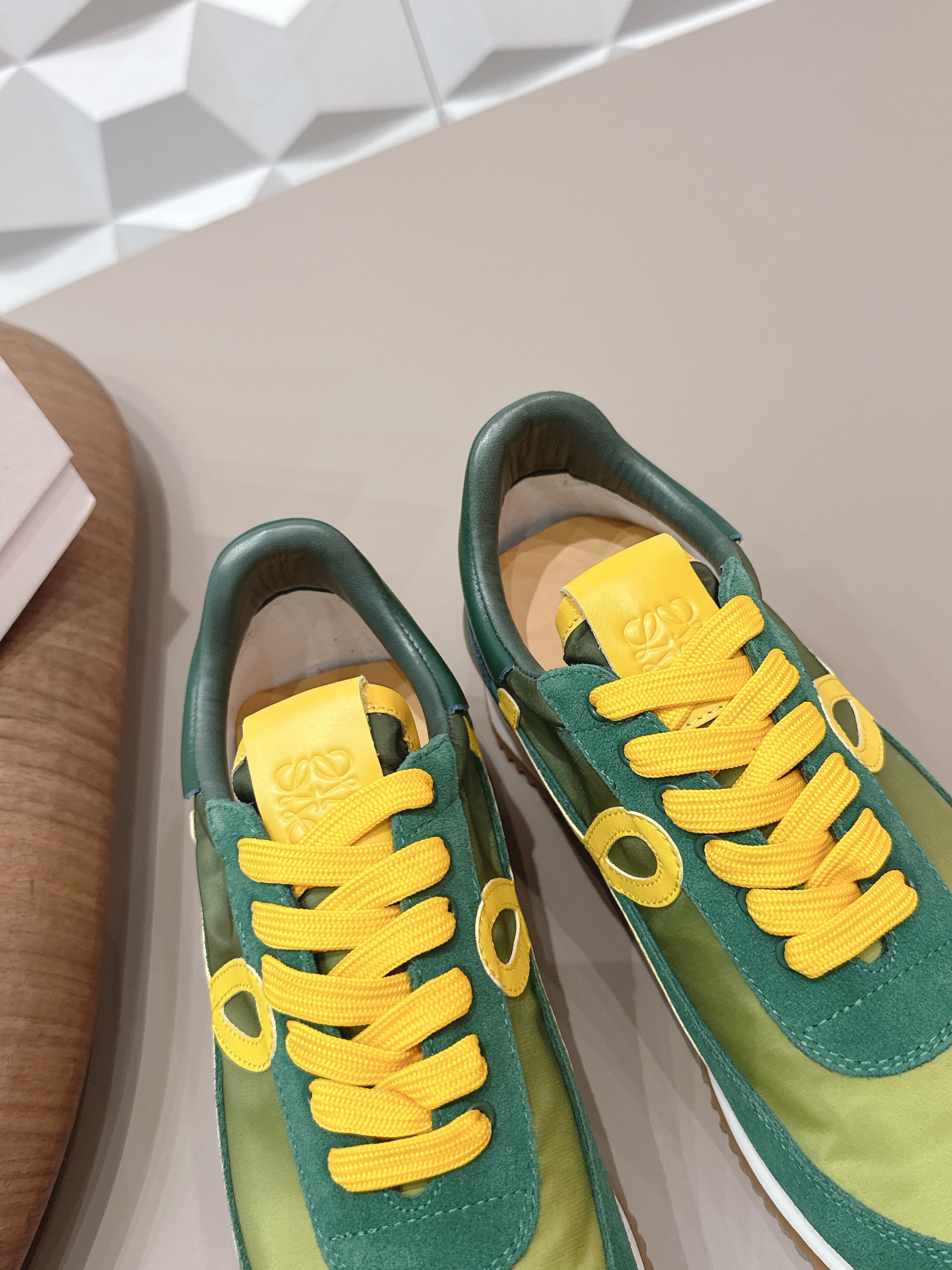LOEWE 26S FLOW RUNNER SNEAKER IN GREEN AND YELLOW SUEDE AND CALFSKIN