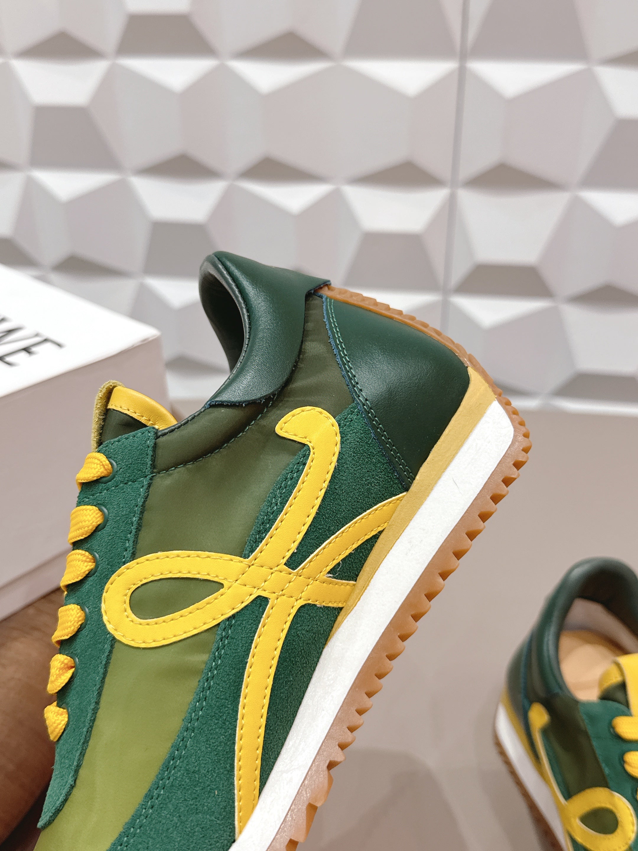 LOEWE 26S FLOW RUNNER SNEAKER IN GREEN AND YELLOW SUEDE AND CALFSKIN