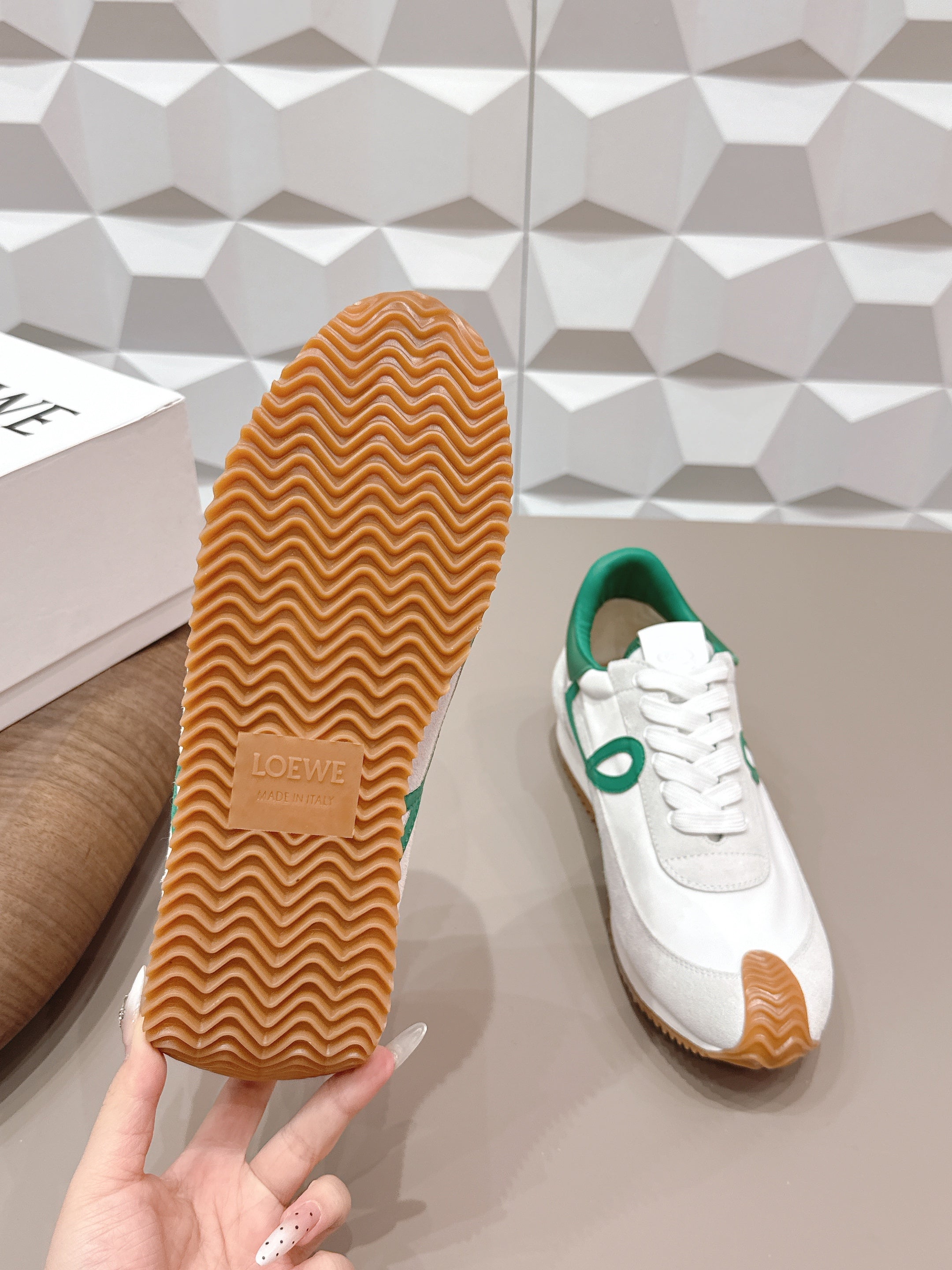 LOEWE 26S FLOW RUNNER SNEAKER IN WHITE SUEDE AND DEEP TEAL GREEN CALFSKIN