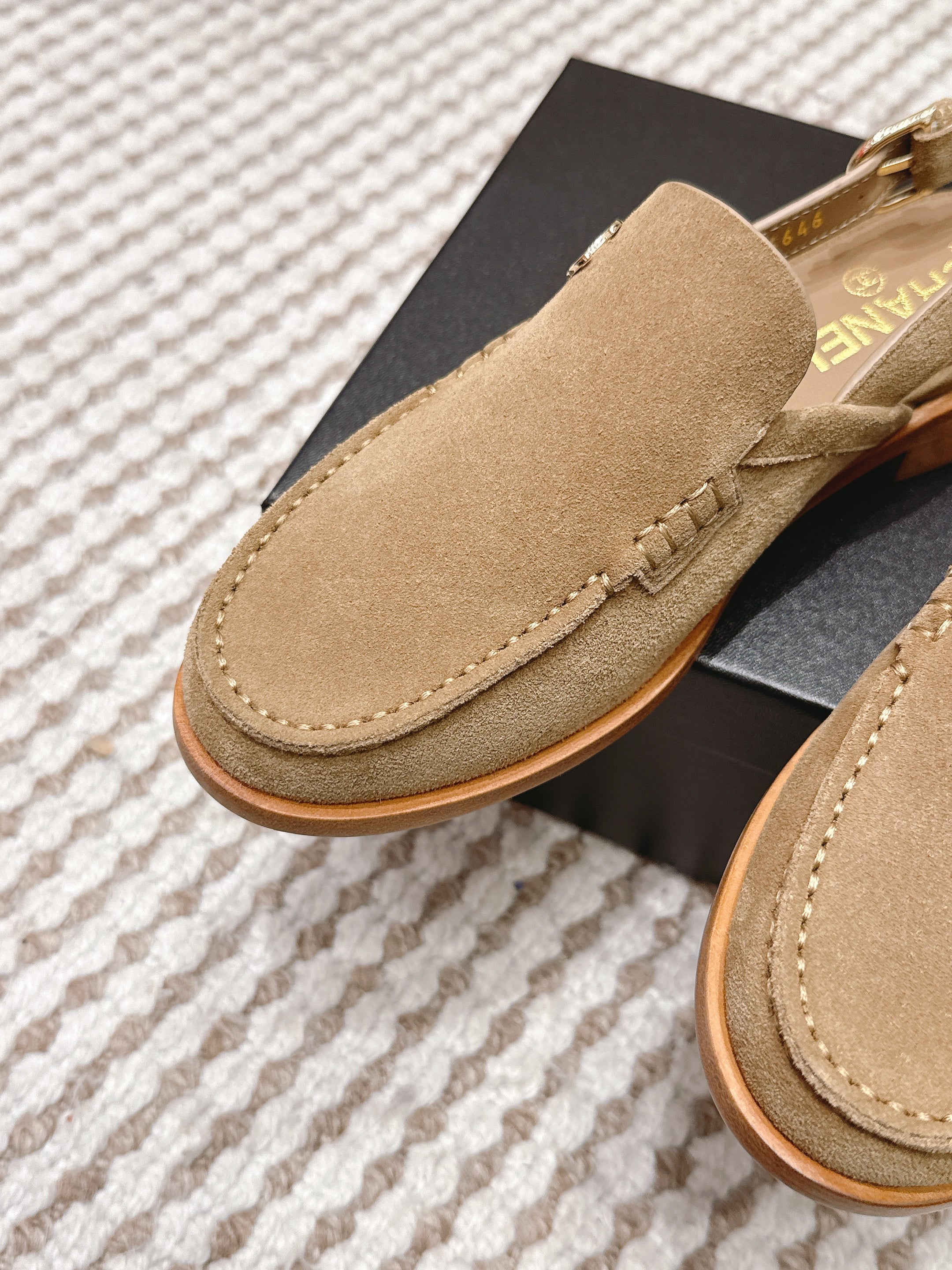 CHANEL 26S SLINGBACK LOAFERS IN LIGHT BROWN SUEDE