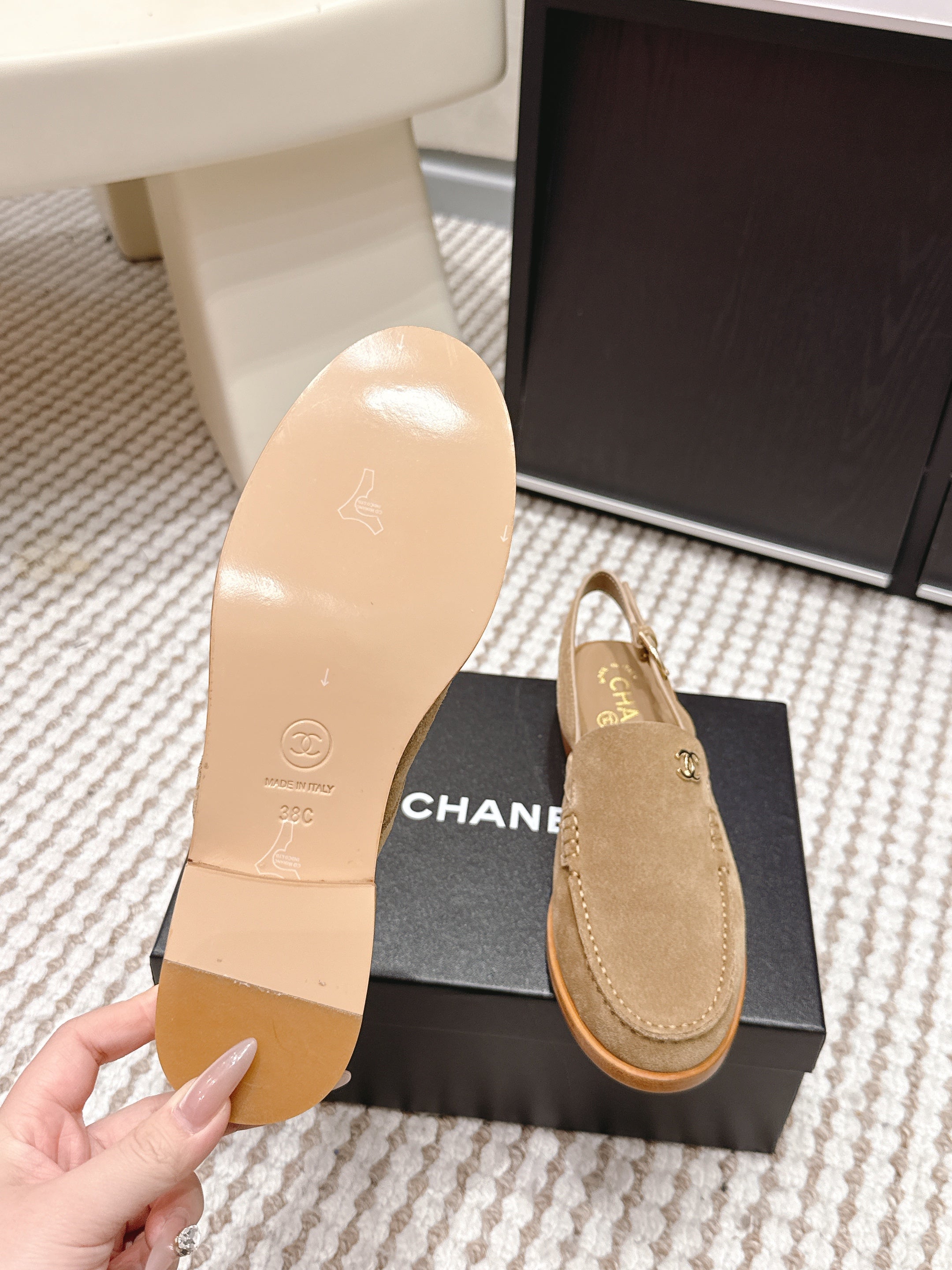 CHANEL 26S SLINGBACK LOAFERS IN LIGHT BROWN SUEDE