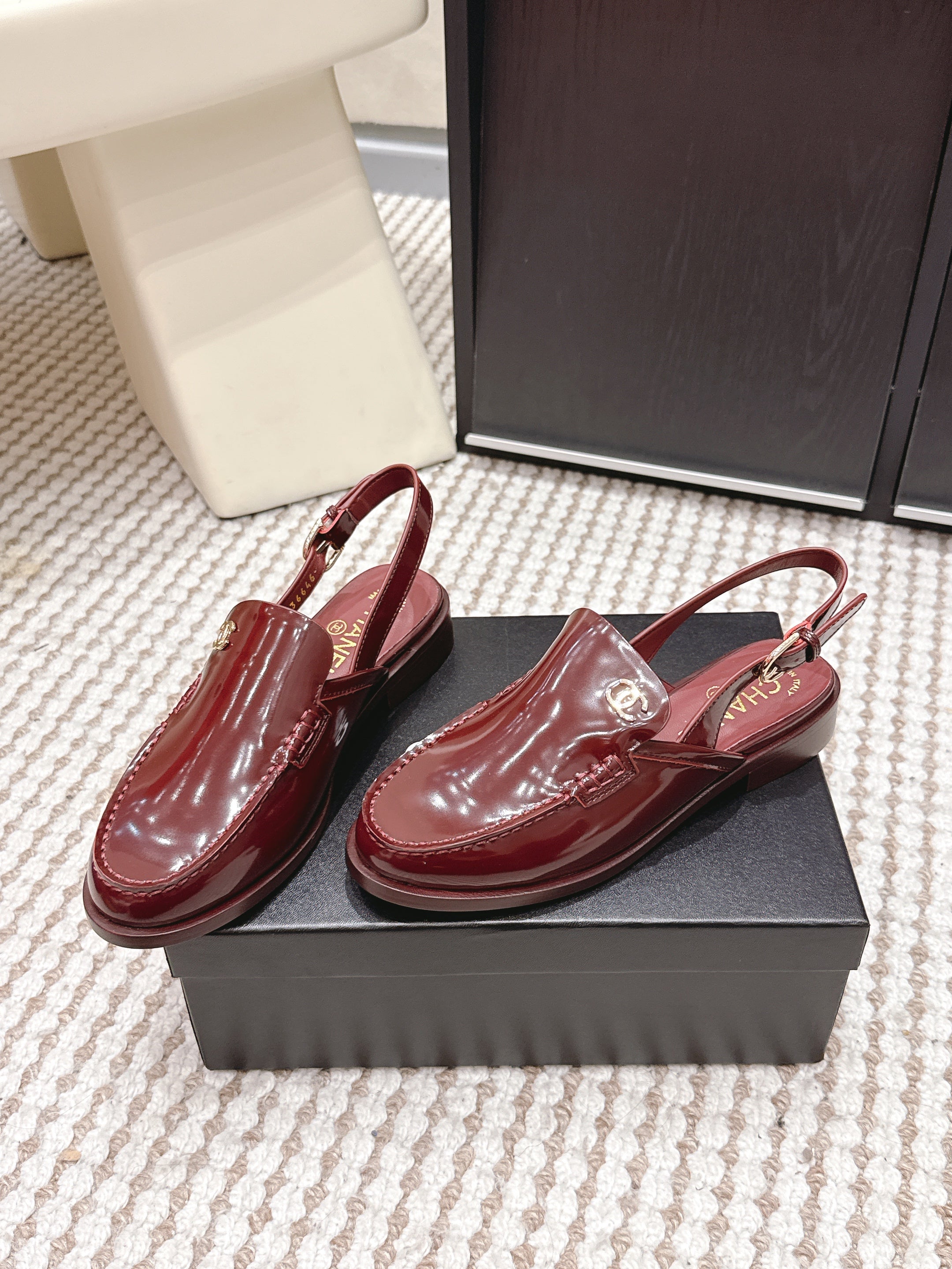 CHANEL 26S SLINGBACK LOAFERS IN DARK RED GLOSSY CALFSKIN