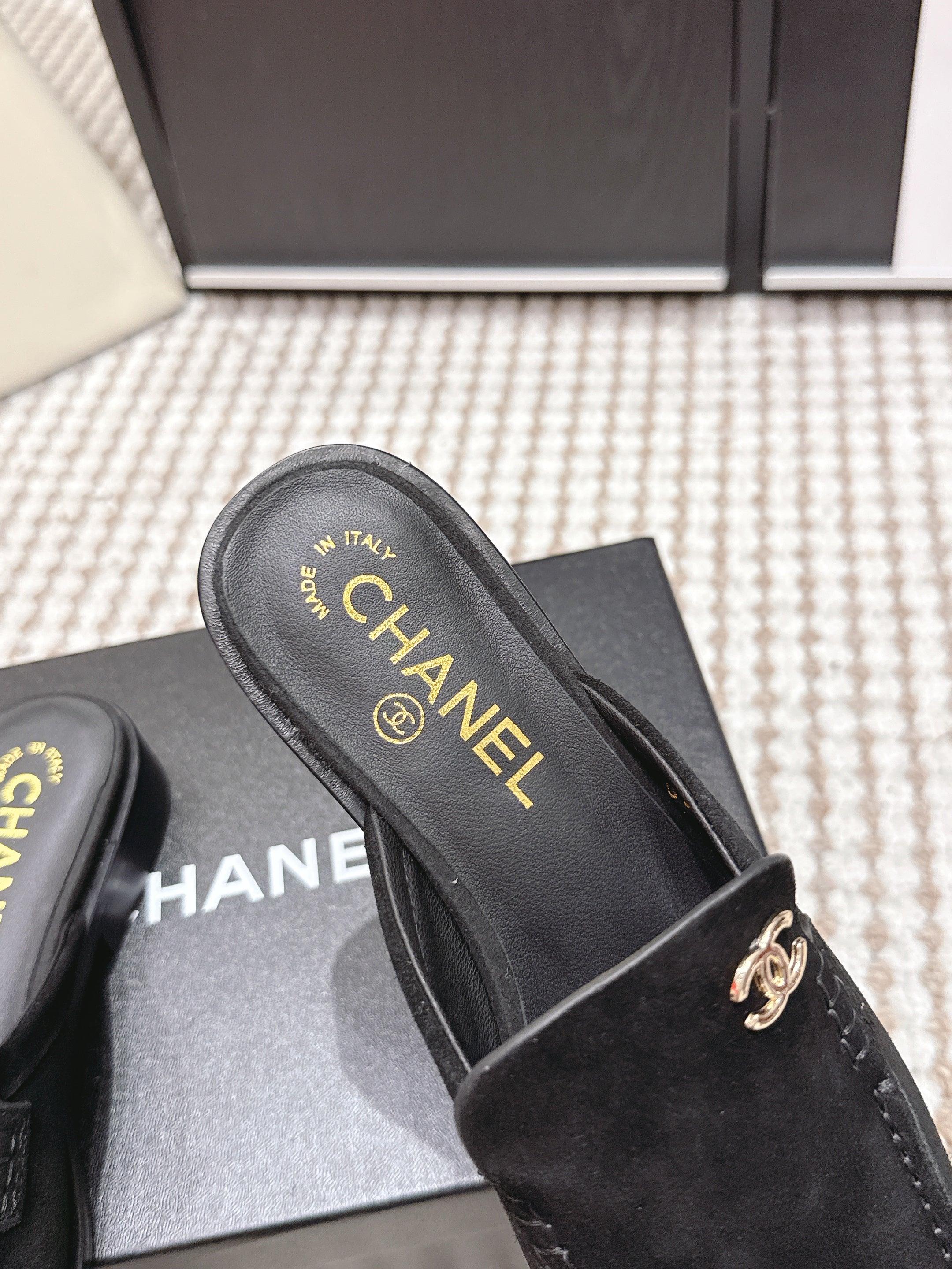 CHANEL 26S LOAFER MULES IN BLACK SUEDE