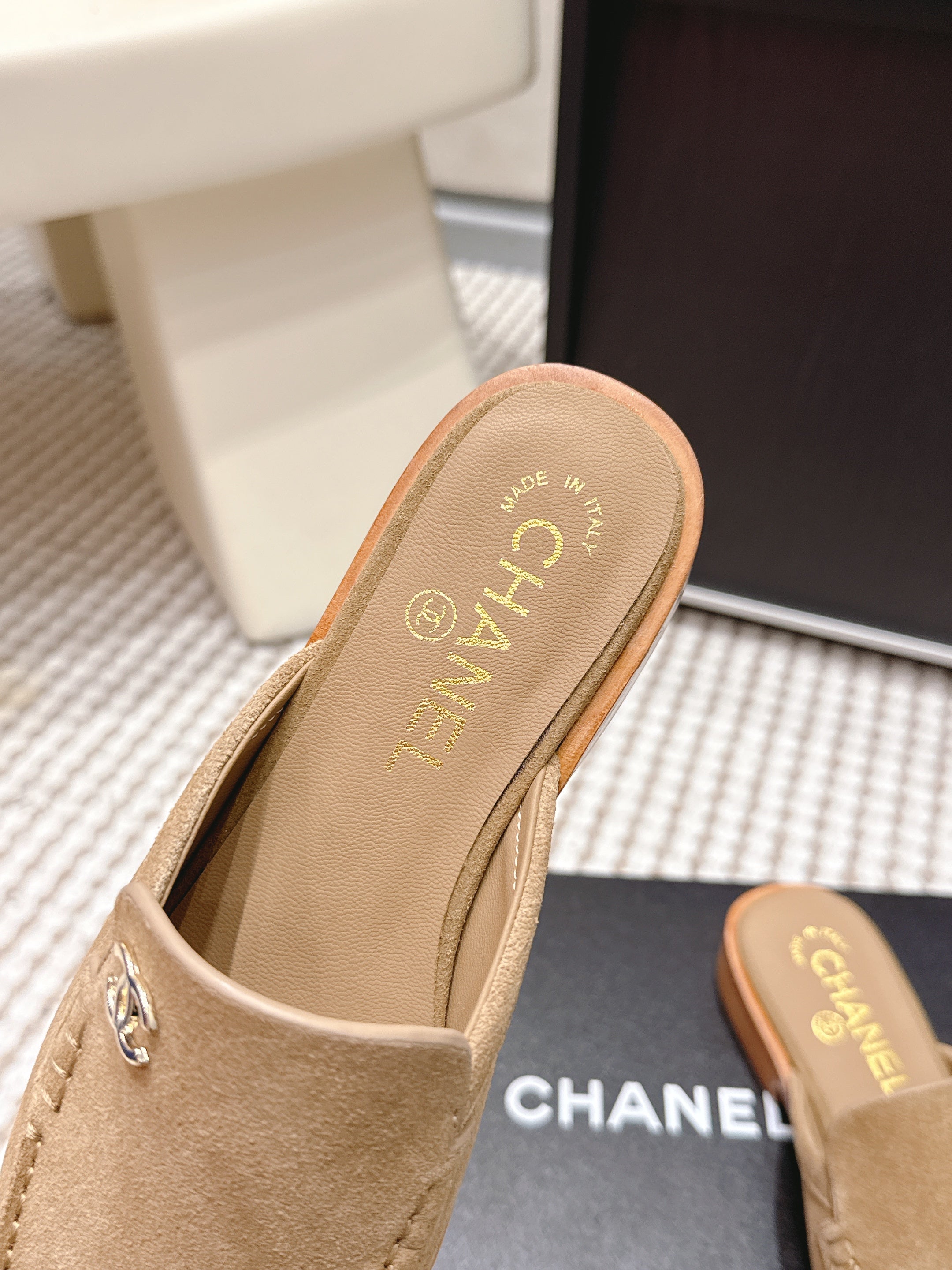 CHANEL 26S LOAFER MULES IN LIGHT BROWN SUEDE