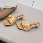 LOEWE 26S SQUARE TOE SANDALS 45MM IN TAN BROWN CALFSKIN GOLD HARDWARE