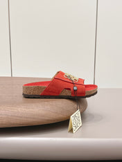 LOEWE 26S FLAT SANDALS IN RED LOGO GOLD HARDWARE