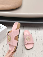 LOEWE 26S FLAT SANDALS IN PINK LOGO GOLD HARDWARE