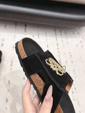 LOEWE 26S FLAT SANDALS IN BLACK LOGO GOLD HARDWARE