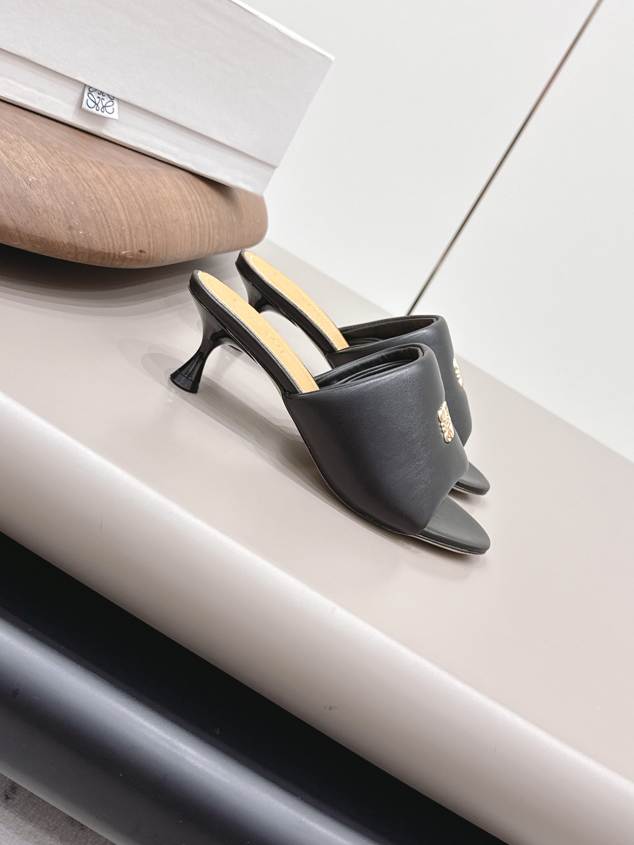 LOEWE 26S MULE HEELS 45MM IN BLACK LAMBSKIN GOLD HARDWARE