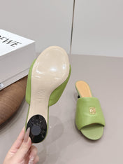 LOEWE 26S MULE HEELS 45MM IN OLIVE GREEN LAMBSKIN GOLD HARDWARE