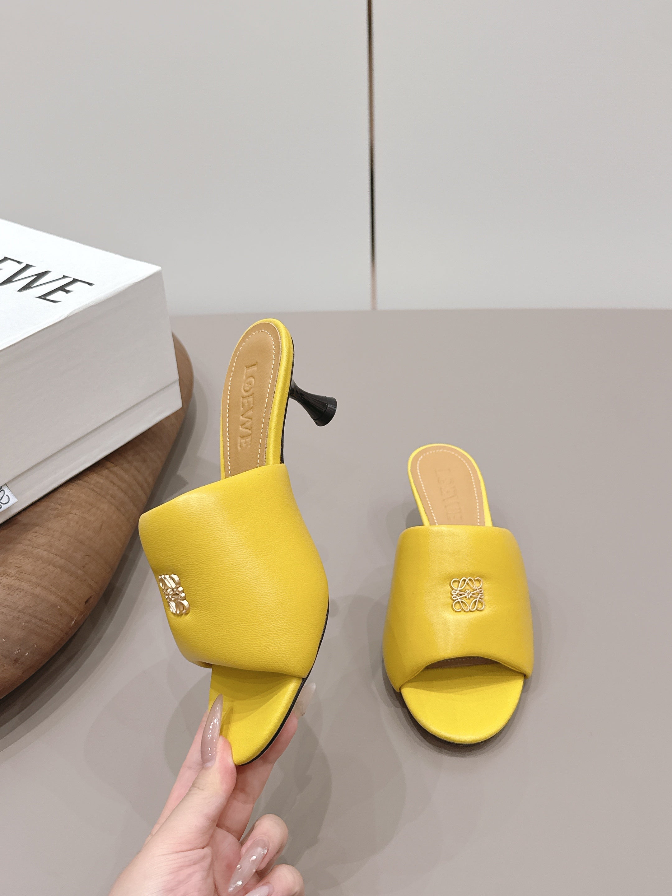 LOEWE 26S MULE HEELS 45MM IN YELLOW LAMBSKIN GOLD HARDWARE