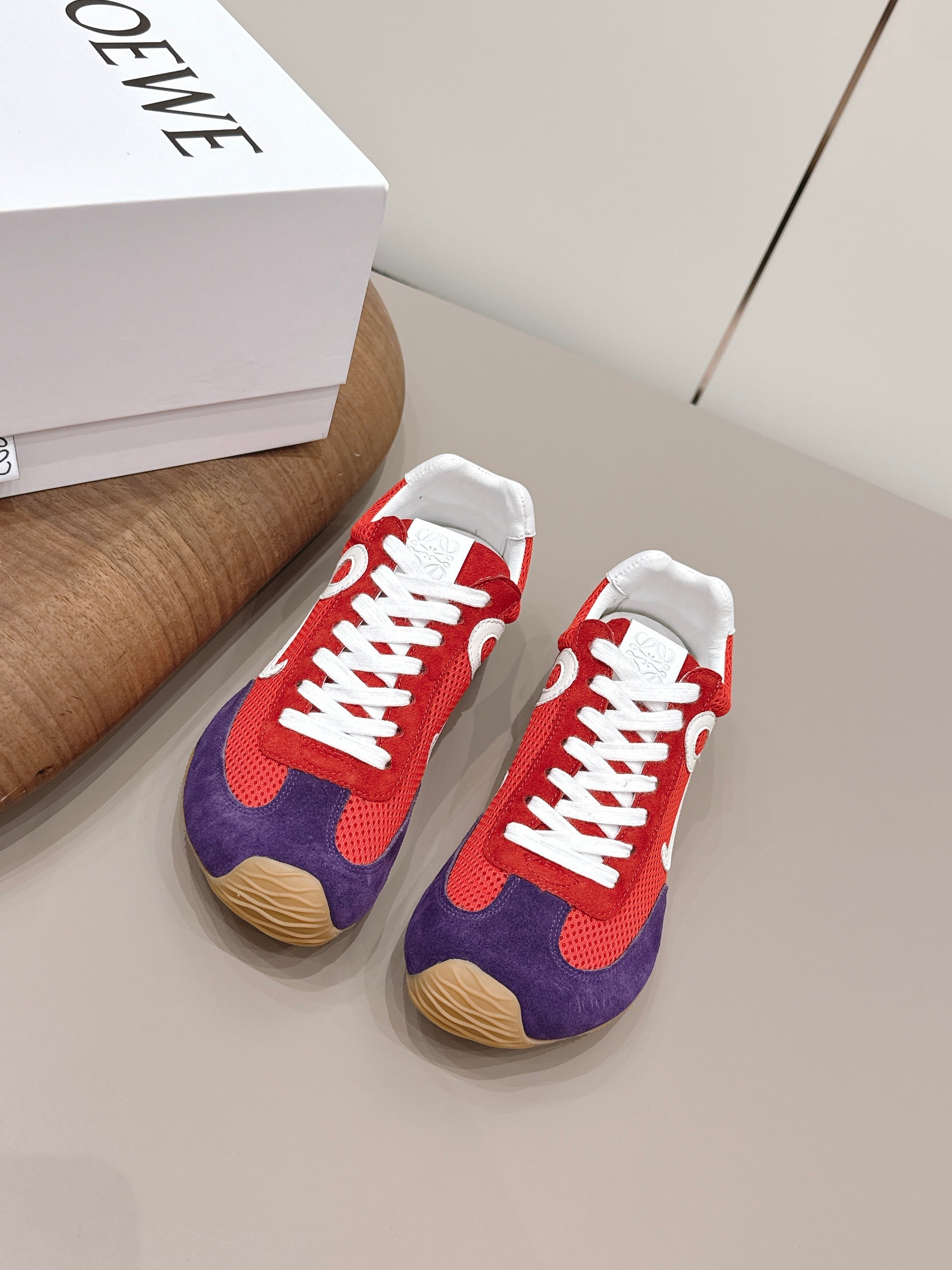 LOEWE 26S BALLET RUNNER 2.0 IN RED AND DARK PURPLE SUEDE AND MESH