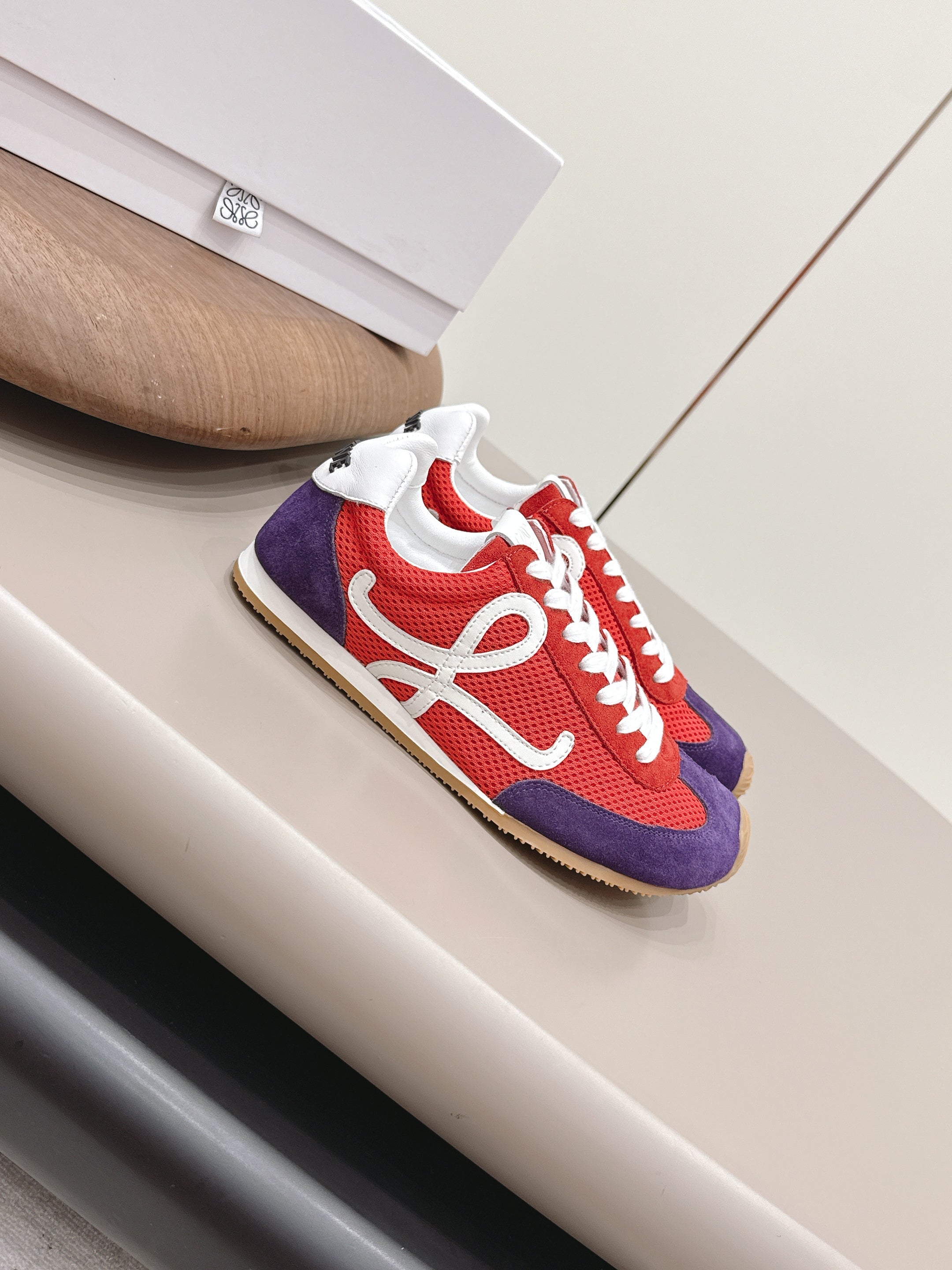 LOEWE 26S BALLET RUNNER 2.0 IN RED AND DARK PURPLE SUEDE AND MESH