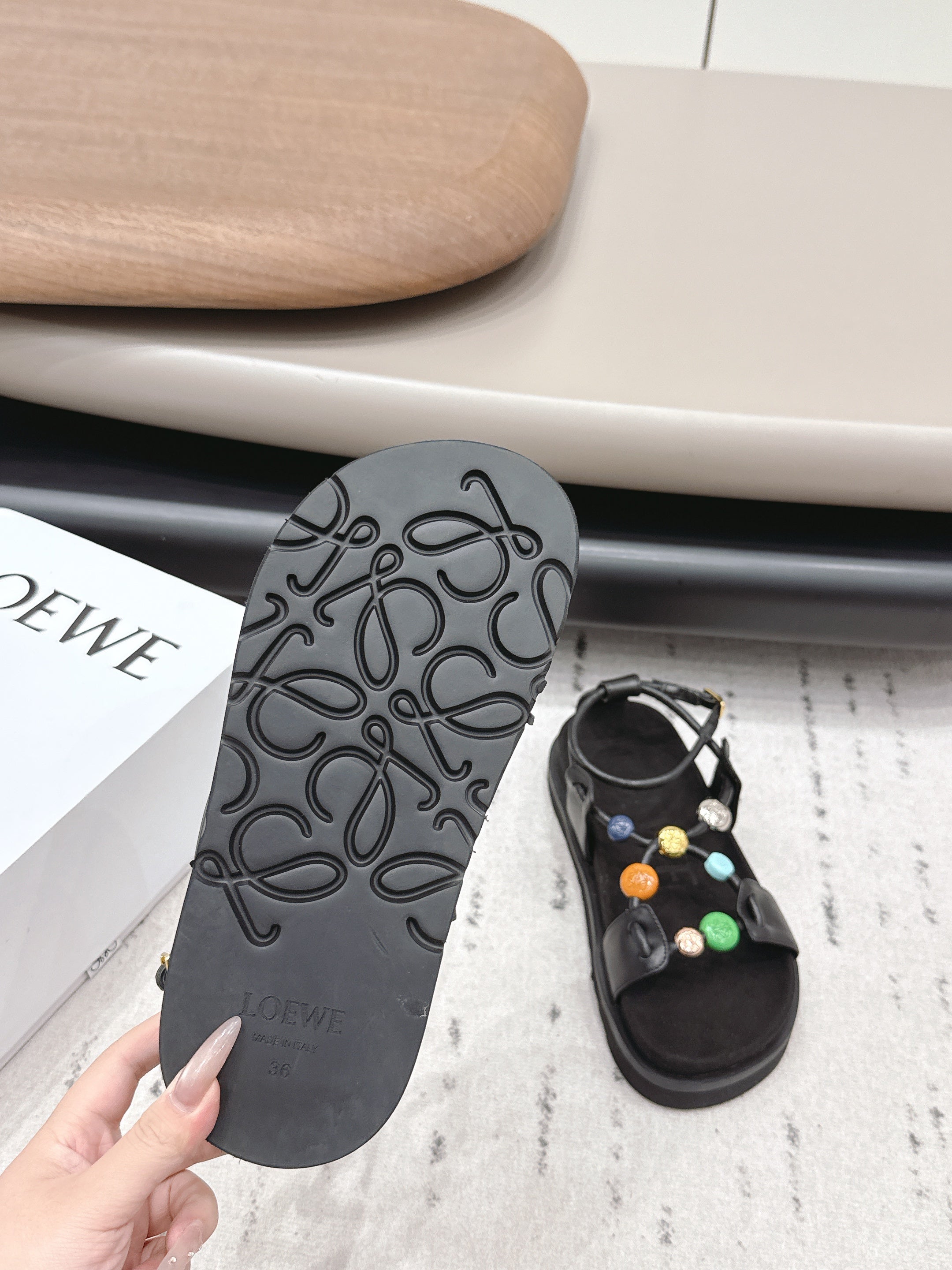 LOEWE 26S ROUND TOE WEDGE SANDALS 30MM IN BLACK CALFSKIN AND SUEDE