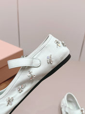 MIUMIU 26S MARY JANE BALLET FLATS IN WHITE FABRIC CRYSTAL EMBELLISHED