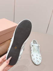 MIUMIU 26S MARY JANE BALLET FLATS IN WHITE FABRIC CRYSTAL EMBELLISHED