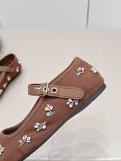 MIUMIU 26S MARY JANE BALLET FLATS IN BROWN FABRIC CRYSTAL EMBELLISHED