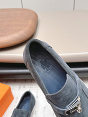 HM 26S KELLY PARIS LOAFERS IN BLUE GREY SUEDE SILVER HARDWARE
