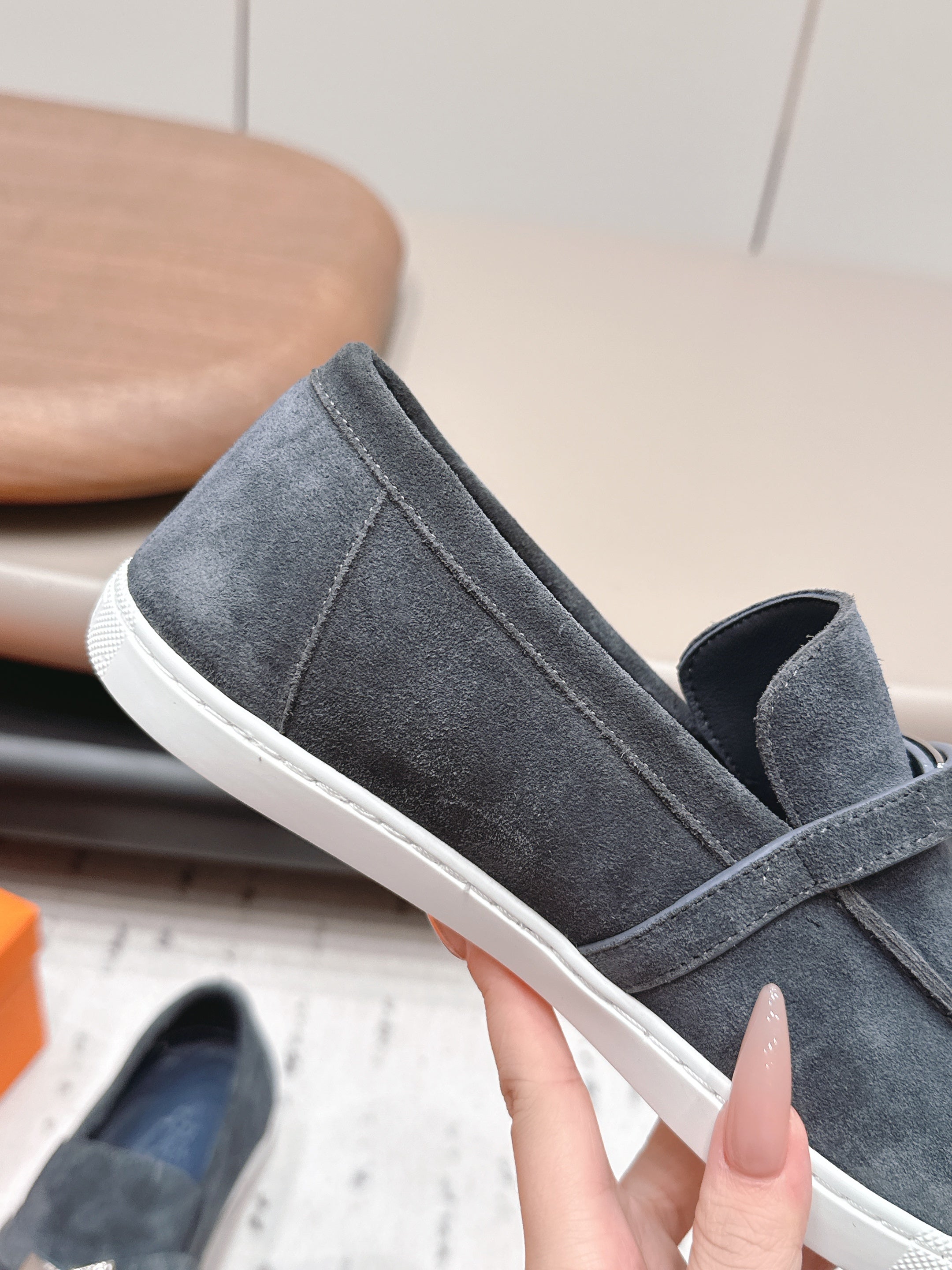 HM 26S KELLY PARIS LOAFERS IN BLUE GREY SUEDE SILVER HARDWARE