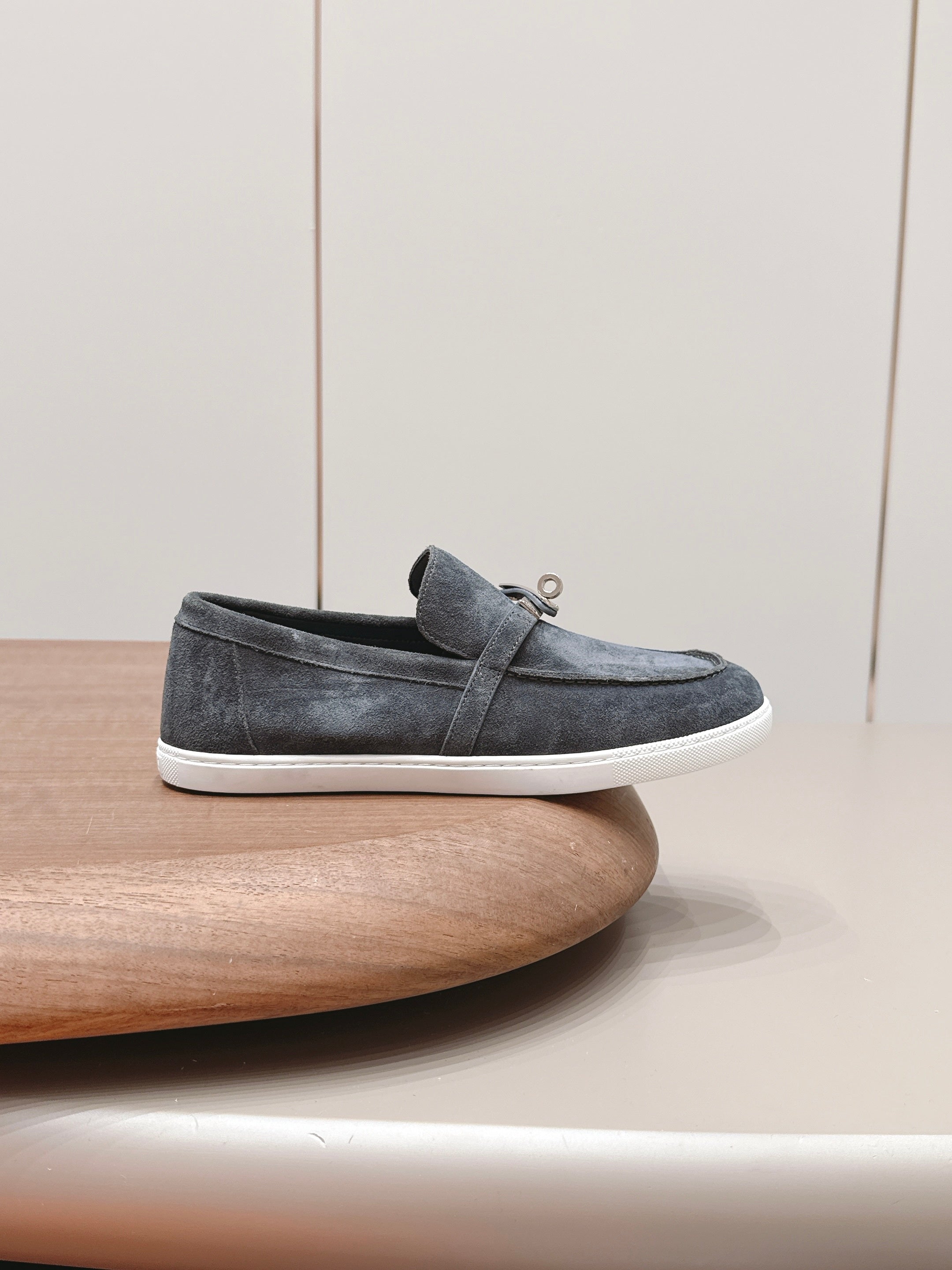 HM 26S KELLY PARIS LOAFERS IN BLUE GREY SUEDE SILVER HARDWARE