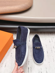 HM 26S KELLY PARIS LOAFERS IN NAVY BLUE SUEDE SILVER HARDWARE