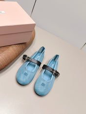 MIUMIU 26S BALLERINAS IN BLUE MESH AND BLACK CALFSKIN