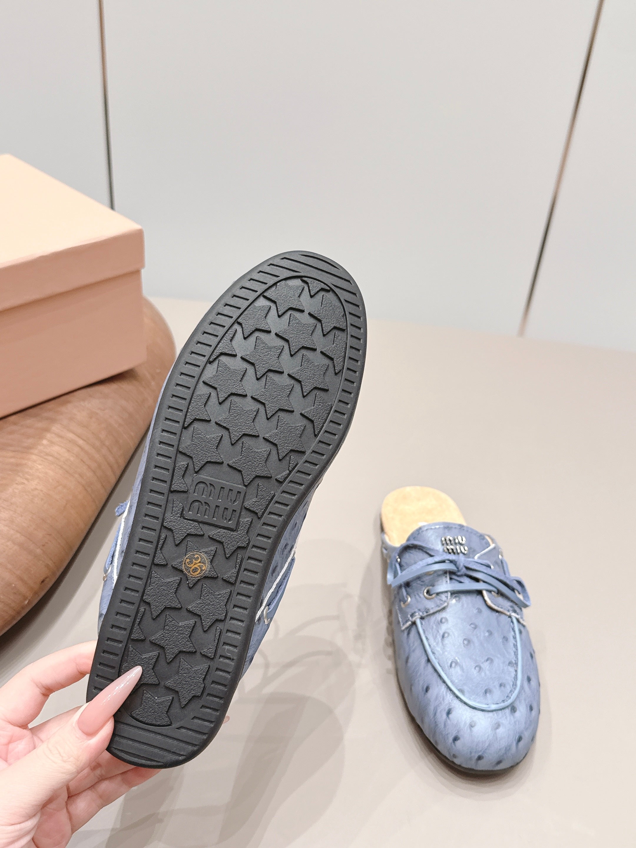 MIUMIU 26S LOAFER MULES IN BLUE CALFSKIN