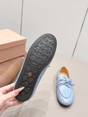 MIUMIU 26S BOAT SHOES IN BLUE EMBOSSED CALFSKIN