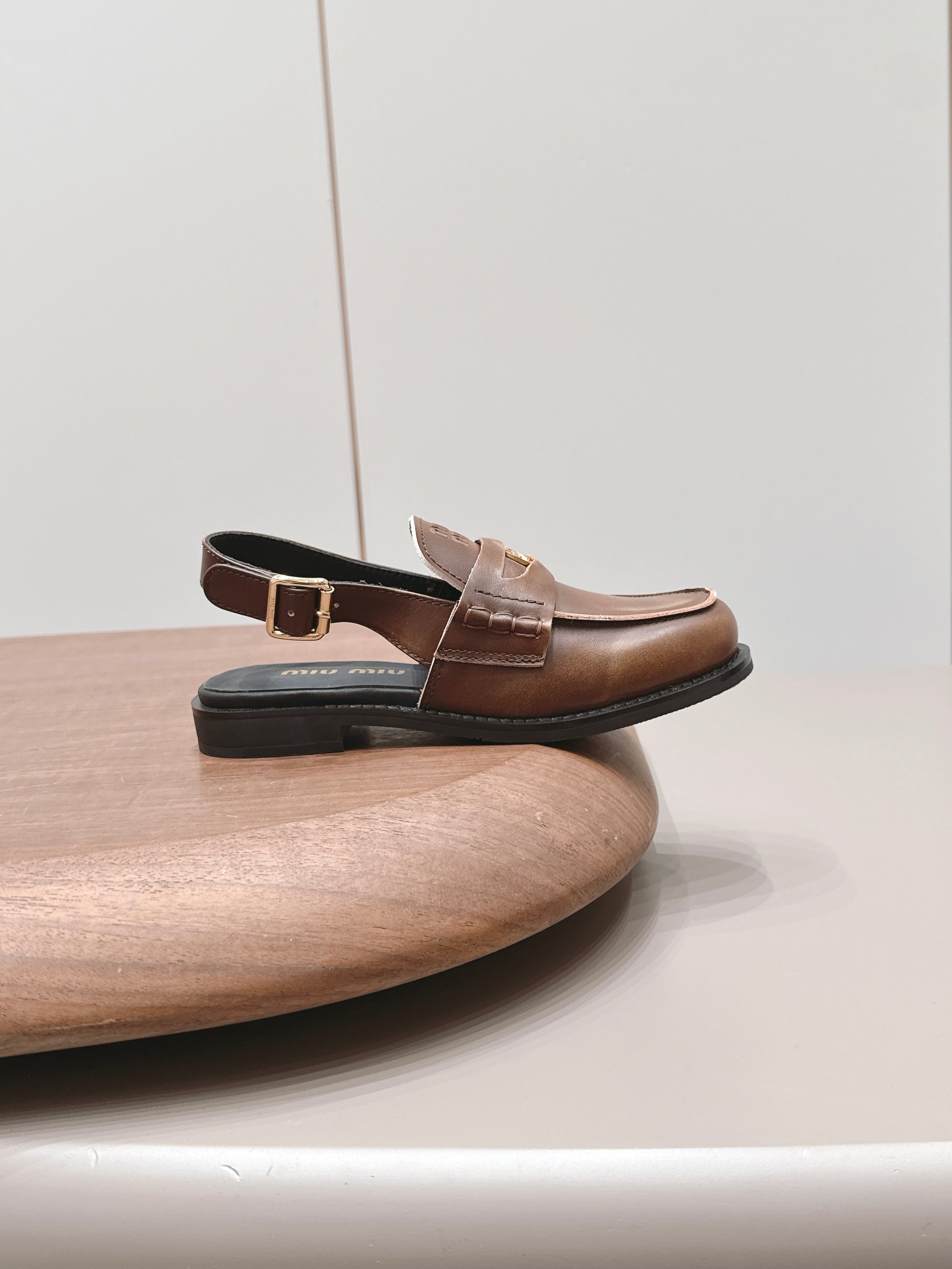 MIUMIU 26S PENNY SLINGBACK LOAFERS IN BROWN CALFSKIN GOLD HARDWARE