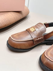 MIUMIU 26S PENNY SLINGBACK LOAFERS IN BROWN CALFSKIN GOLD HARDWARE