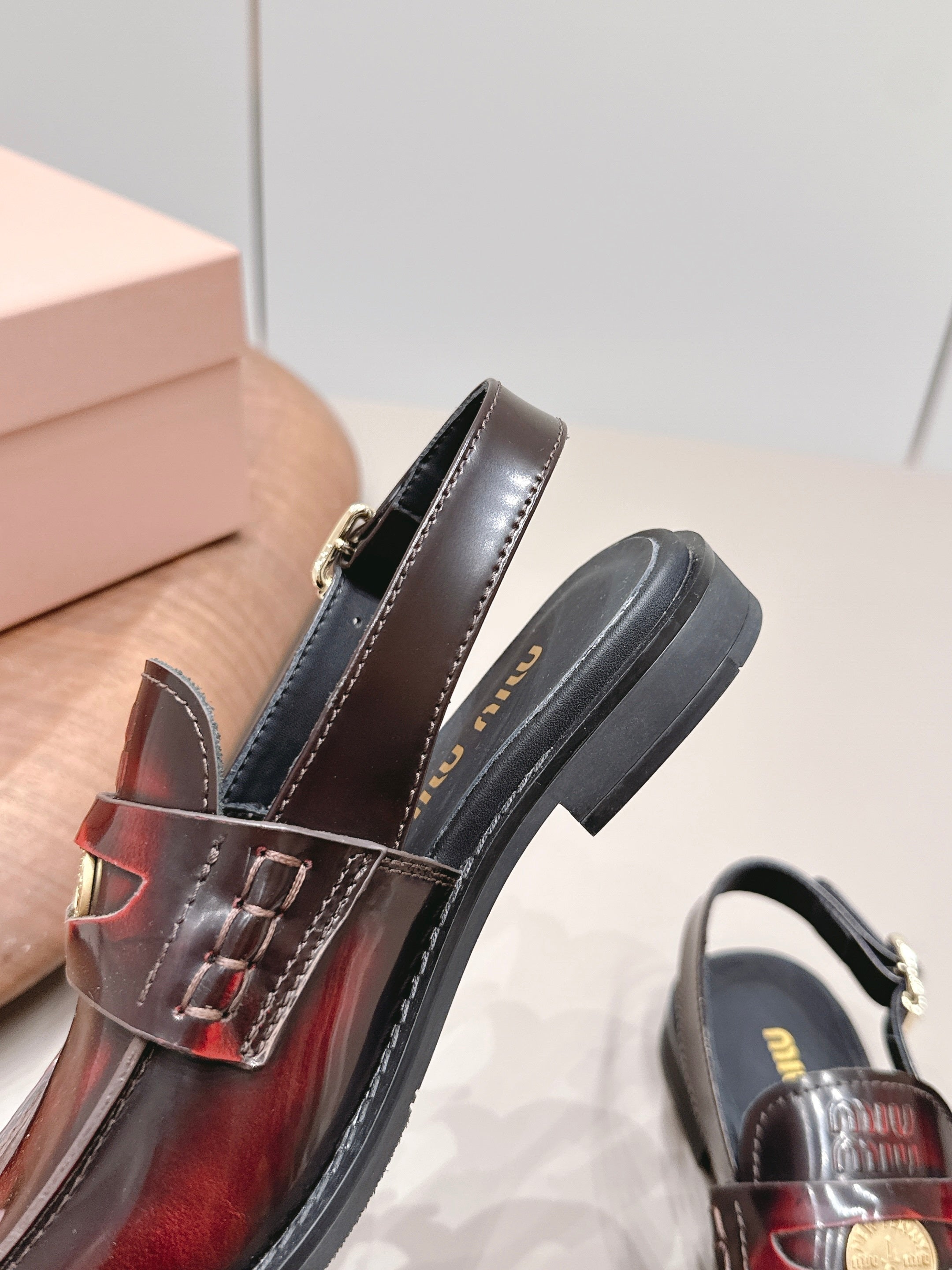 MIUMIU 26S PENNY SLINGBACK LOAFERS IN BURGUNDY RED CALFSKIN GOLD HARDWARE
