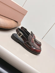 MIUMIU 26S PENNY SLINGBACK LOAFERS IN BURGUNDY RED CALFSKIN GOLD HARDWARE