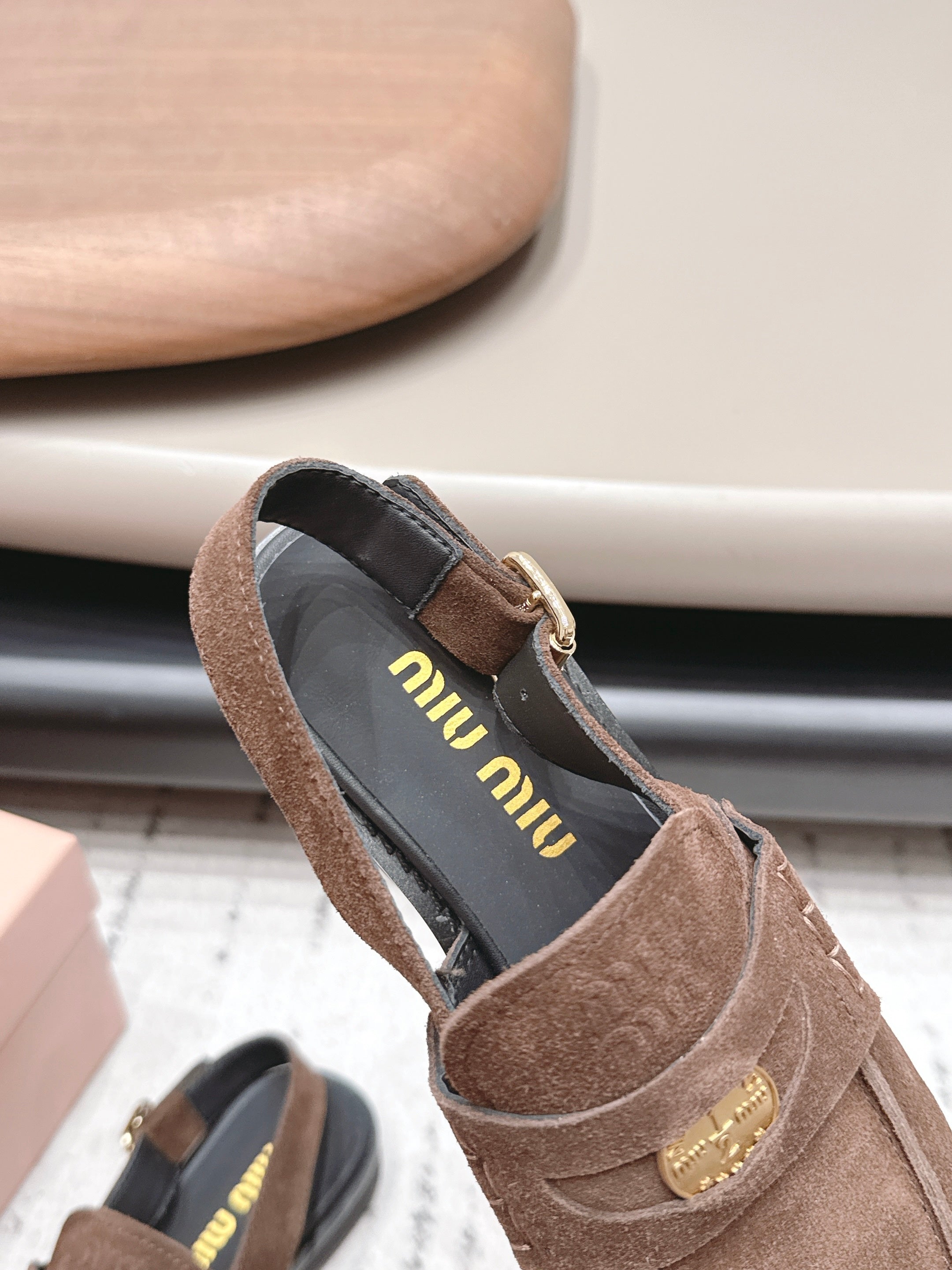 MIUMIU 26S PENNY SLINGBACK LOAFERS IN DARK BROWN SUEDE GOLD HARDWARE