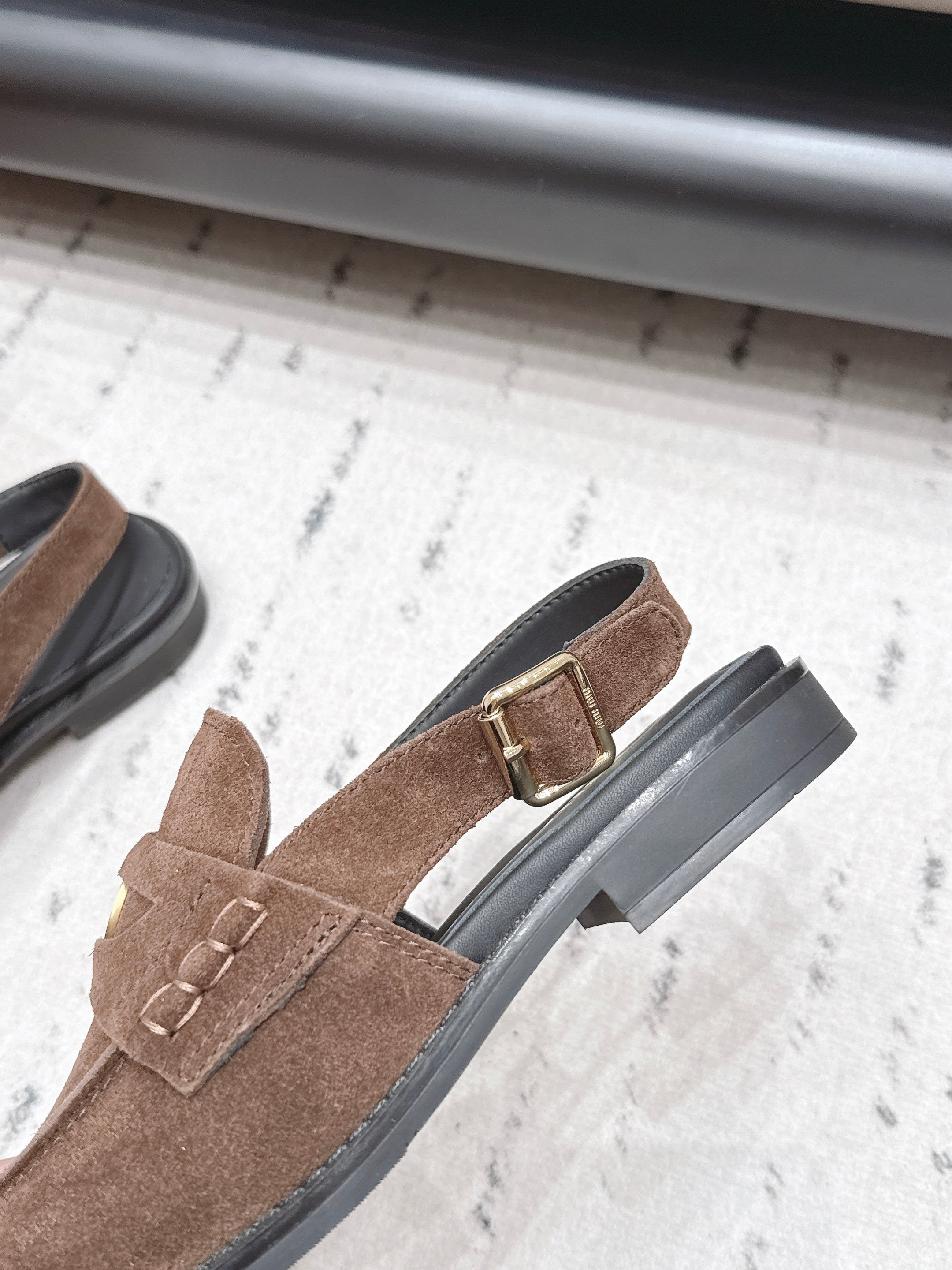 MIUMIU 26S PENNY SLINGBACK LOAFERS IN DARK BROWN SUEDE GOLD HARDWARE
