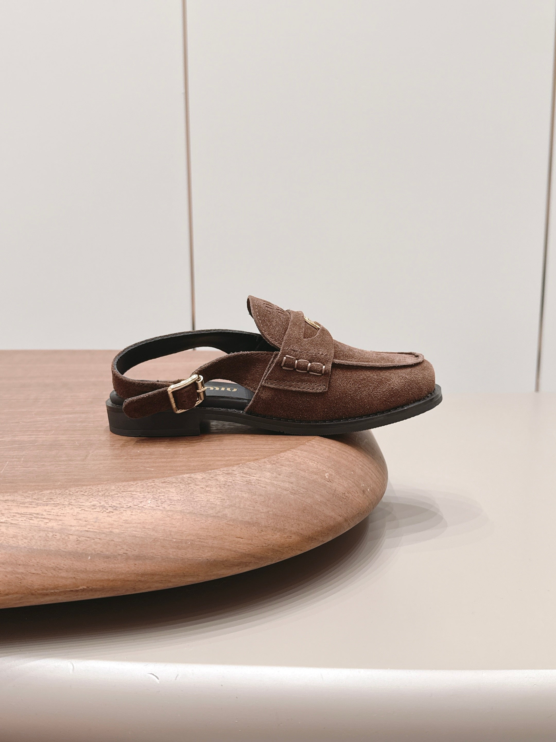 MIUMIU 26S PENNY SLINGBACK LOAFERS IN DARK BROWN SUEDE GOLD HARDWARE