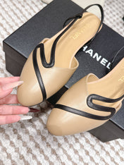 CHANEL 26S SLINGBACK FLATS IN BEIGE CALFSKIN WITH BLACK TRIM