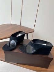 ALAIA WEDGE THONG SANDALS 25S IN BLACK SUEDE