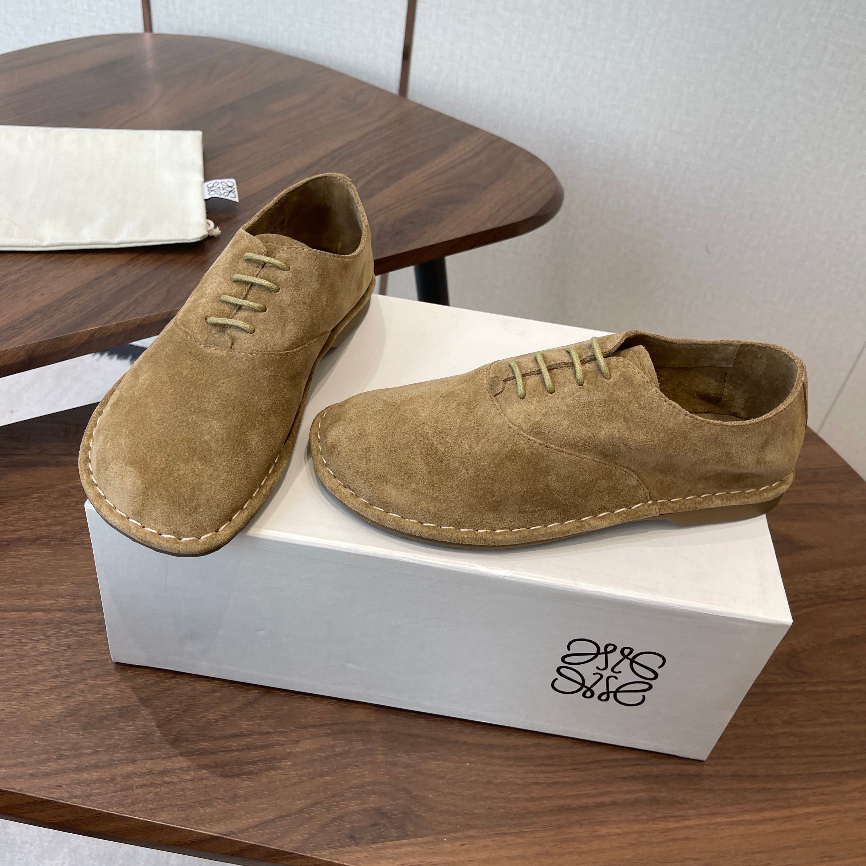 LOEWE 26S FOLIO DERBY SHOES IN LIGHT BROWN SUEDE