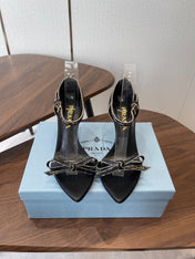 PRADA 26S HIGH HEEL SANDALS 85MM IN BLACK CALFSKIN WITH BOW