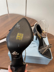 PRADA 26S HIGH HEEL SANDALS 85MM IN BLACK CALFSKIN WITH BOW