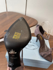 PRADA 26S HIGH HEEL SANDALS 85MM IN DARK BROWN SUEDE WITH BOW