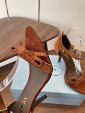 PRADA 26S HIGH HEEL SANDALS 85MM IN CARAMEL BROWN SUEDE WITH BOW