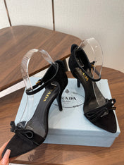 PRADA 26S HIGH HEEL SANDALS 85MM IN BLACK SUEDE WITH BOW