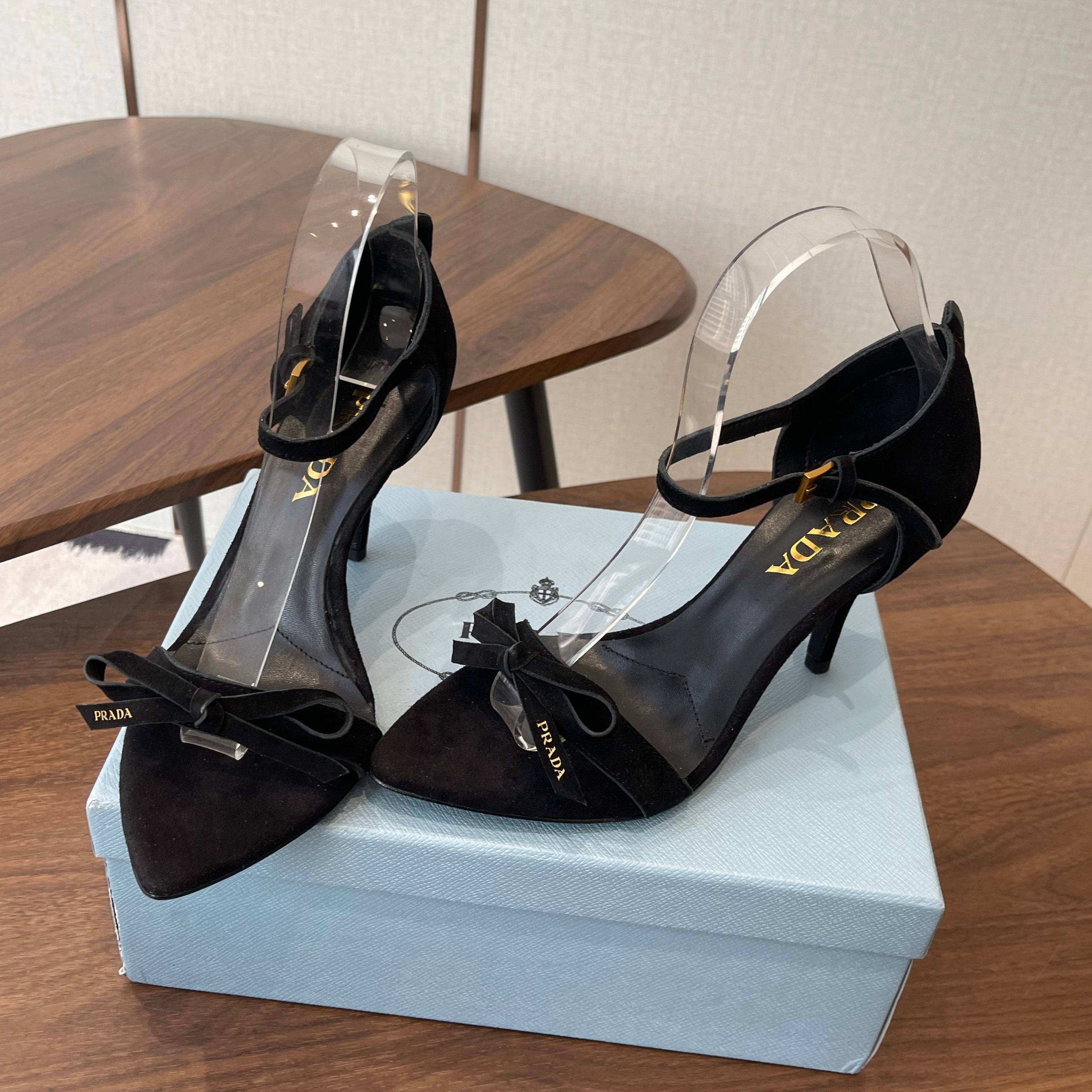 PRADA 26S HIGH HEEL SANDALS 85MM IN BLACK SUEDE WITH BOW
