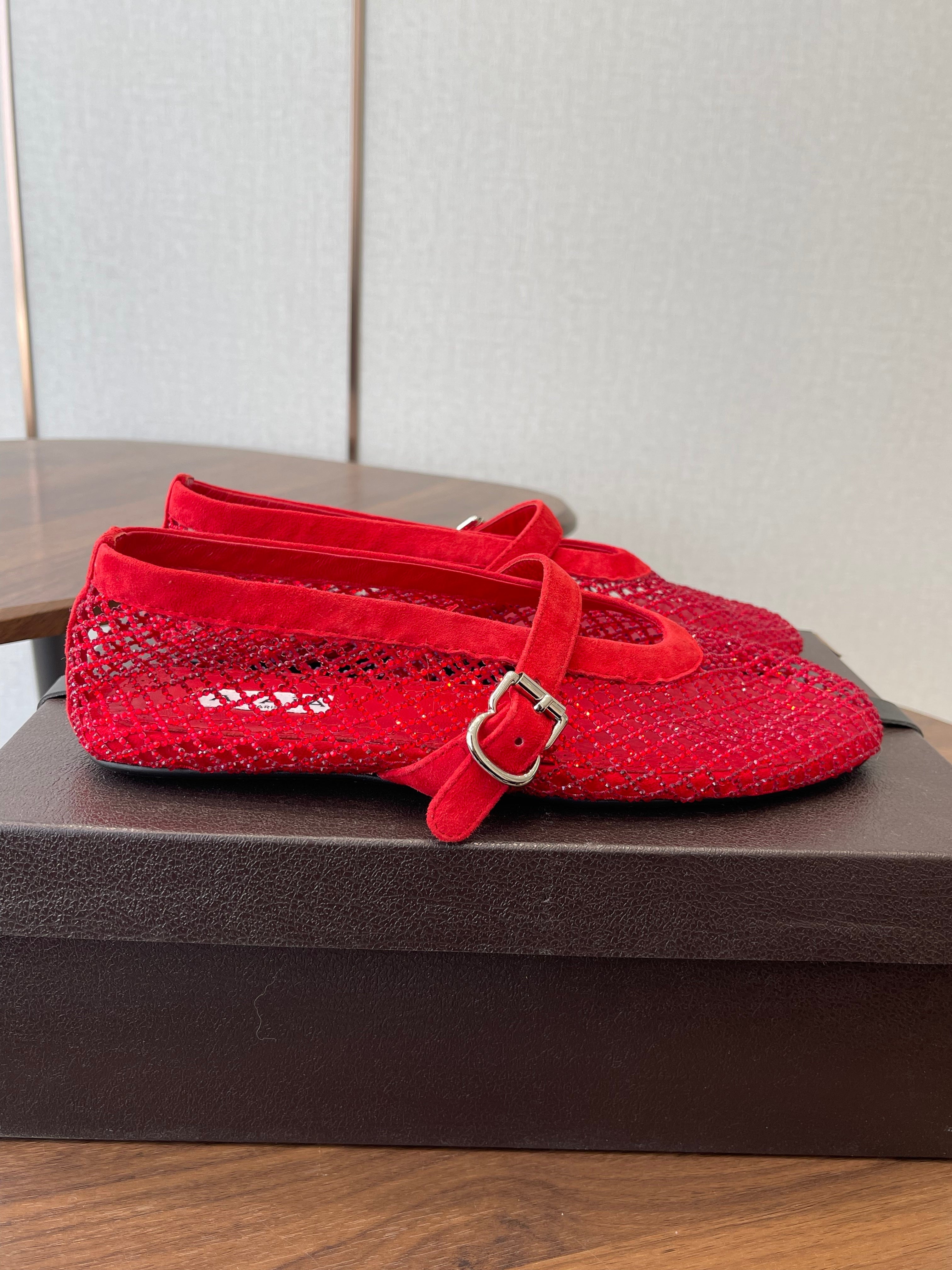 ALAIA 26S MESH FLATS IN RED SUEDE RHINESTONE-EMBELLISHED